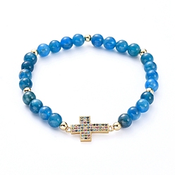 Apatite Round Natural Apatite Stretch Beaded Bracelets, with Brass Micro Pave Cubic Zirconia Links, Brass Beads and Cardboard Boxes, Cross, 2-1/8 inch(5.5cm)