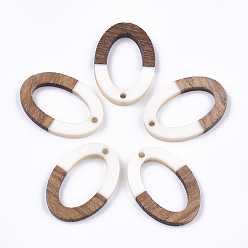 Creamy White Resin & Walnut Wood Pendants, Oval, Creamy White, 28.5x19.5x3~4mm, Hole: 1.8mm