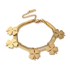 Золотой 304 двухслойный многожильный браслет из нержавеющей стали, клевер, золотые, 6-1/2 дюйм (16.5 см)