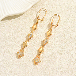 Rhombus Латунные серьги обруча, со стразами, реальный 18 k позолоченный, ромб, 70 мм