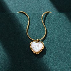 Настоящее золото 18K 304 Женские ожерелья в форме змеи с подвеской в виде сердца из нержавеющей стали и белой ракушки, ионное покрытие (ip), реальный 18 k позолоченный, 16.93 дюйм (43 см)