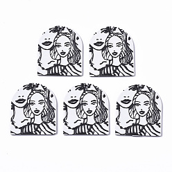 Белый Подвески из ацетата целлюлозы (смолы), 3 d распечатано, полуовал с женским узором, белые, 37x31.5x2.5 мм, отверстие : 2 мм