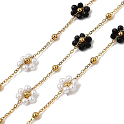 Черный 304 из нержавеющей стали цепи связи цветок, со стеклом и абс-пластиковым жемчугом, стойки покрытие, долговечный, ионное покрытие (ip), пайки, с катушкой, реальный 18 k позолоченный, чёрные, 1.7x1.3x0.6 мм