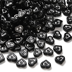 Черный Непрозрачные акриловые бусины, серебристого металла, обвитыми, сердце, чёрные, 12.5x14.5x5 мм, отверстие : 1.8 мм, Около 781 шт / 500 г