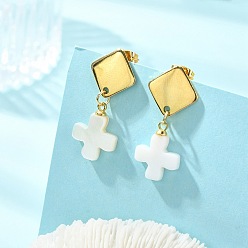 Golden 304 Stainless Steel Stud Dangle Earrings, with Freshwater Shell Cross Pendants, Golden, 29~30x13.5mm