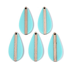 Средний Бирюзовый Кулоны из непрозрачной смолы и дерева, слеза, средне бирюзовый, 38x18x3.2~3.5 мм, отверстие : 2 мм