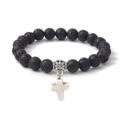 Белый Эластичный браслет из натуральной лавы, с подвесками-крестиками из синтетической бирюзы, белые, внутренний диаметр: 2-1/8 дюйм (5.5 см)