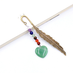Green Aventurine Natural Green Aventurine Heart Pendant Bookmark, with 7 Natural Gemstone Round Beads, Feather Shape Alloy Bookmark, 120mm
