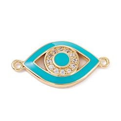 Sea Green Brass Micro Pave Clear Cubic Zirconia Links, with Enamel, Golden, Long-Lasting Plated, Eye, Sea Green, 25x13x3mm, Hole: 1.5mm
