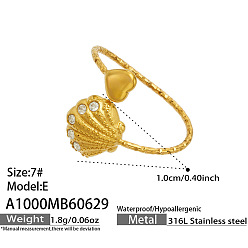 Shell Shape 316 Хирургические кольца из нержавеющей стали с микропаве и прозрачными кубическими циркониями., золотые, формы раковины, внутренний диаметр: 15~20 мм