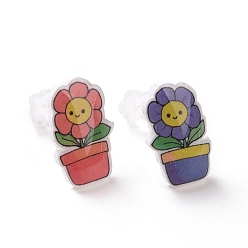 Colorful Acrylic Cute Plants Stud Earrings with Plastic Pins, Asymmetrical Earrings for Women, Colorful, 14x8mm, Pin: 0.9mm