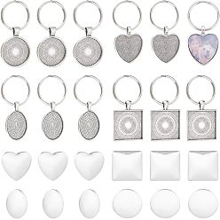 Античное Серебро 1 набор сердечек, плоских круглых, овальных и квадратных брелоков из сплава, с 304 разъемными кольцами для ключей из нержавеющей стали и кабошонами из прозрачного стекла, античное серебро, 5.5~6 см, 12 шт / комплект