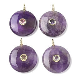 Аметист Подвески из натурального аметиста , плоские круглые подвески с латунной микропаве из кубических цирконий случайных цветов, золотые, 31~31.5x25x7 мм, отверстие : 2x3 мм
