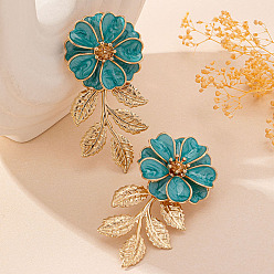 Темный Голубой Сплав эмаль серьги, цветок с листа, золотые, темные голубые, 65x32 мм