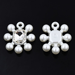 White ABS Plastic Imitation Pearl Pendants, with Crystal Rhinestone, Flower, White, 26.5x24.5x6.5mm, Hole: 2.5mm