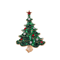 Dark Green Christmas Tree Alloy Enamel Brooches, with Rhinestone, Enamel Pins, Light Gold, Dark Green, 43x30mm