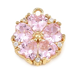 Real 18K Gold Plated Brass Pave Pink Cubic Zirconia Pendants, Flower with Heart Charms, Rack Plating, Long-Lasting Plated, Lead Free & Cadmium Free, Real 18K Gold Plated, 18x16x5mm, Hole: 1.5mm