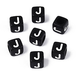 Letter J Начальные акриловые бусины с горизонтальной дырочкой, кубические, чёрные, буква J, 6x6x6 мм, отверстие : 3.5 мм, 3330 шт / 500 г