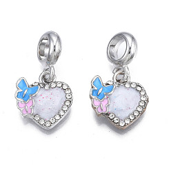 Кремово-белый Подвеска из эмалированного сплава с покрытием из сплава в европейском стиле, с кристально горный хрусталь, Подвески с большими отверстиями, без кадмия, без никеля и без свинца, платина, сердце, кремово-белые, 25 мм, отверстие : 5 мм, Сердце: 14.5x13x3 mm