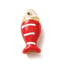 Roja Colgantes de latón con esmalte, Peces con dijes de rayas, chapado en rack, larga duración plateado, sin plomo y el cadmio, real 18 k chapado en oro, rojo, 18x8x6.5 mm, agujero: 1.2 mm