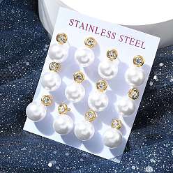 Настоящее золото 18K Ионное покрытие (ip) 304 круглые серьги из нержавеющей стали, С горным хрусталем и имитационной жемчужиной, реальный 18 k позолоченный, 18x11.5 мм, 12 шт / комплект