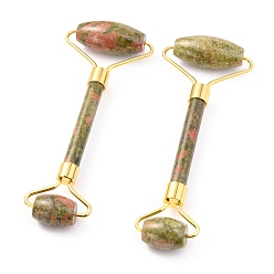 Unakite Natural Unakite Brass Face Massager, Facial Rollers, Golden, 142~150x54~58x19~22mm