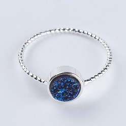 Blue Plated Natural Druzy Agate Finger Rings, with Brass Findings, Flat Round, Size 5, Silver Color Plated, Blue Plated, 15.5mm