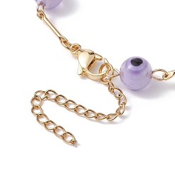 Plum Lampwork Evil Eye Link Chain Bracelets, with Golden Brass Bar Link Chains, Plum, 7 inch(17.8cm)