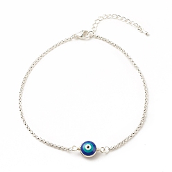 Blue Enamel Evil Eye Link Anklet with 304 Stainless Steel Rolo Chains for Women, Blue, 9.65 inch(24.5cm)