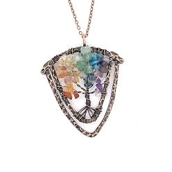 Mixed Stone Natural Mixed Stone Brass Wire Wrapped Pendants, with Alloy Fingdings, Triangle with Tree, Antique Bronze, 53x48mm