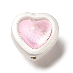 Rose Nacré Perles en alliage et verre transparent, mat couleur argent, perles en forme de coeur double face, perle rose, 11x11.5x10.5mm, Trou: 1mm