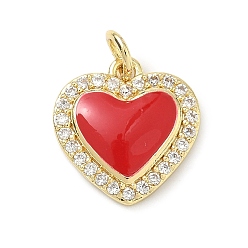 Красный Латунные микропаве прозрачные подвески с фианитом, с эмалью, долговечный, стойки покрытие, без свинца и без кадмия, сердце прелести, реальный 18 k позолоченный, красные, 14.5x14x3.5 мм, отверстие : 3 мм