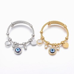 Mixed Color Adjustable 304 Stainless Steel Charm Bangles, with Resin, Glass and Rhinestone, Eye, Heart, Flat Round, Mixed Color, 2-1/4 inch(5.6cm), 4~12mm