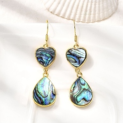 Teardrop Серьги-подвески из натуральной латунной раковины морского ушка, долговечный, стойки покрытие, реальный 18 k позолоченный, слеза, 57.5x15.5 мм