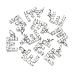 Letter E Colgantes Shegrace de latón con microengaste de circonitas cúbicas transparentes, sin níquel, 925 chapado en plata de ley, amuletos de la letra e, 12x8x2.5 mm, anillo de salto: 5x1 mm, diámetro interior: 3 mm