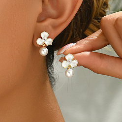 Цветок Элегантные серьги-гвоздики из искусственного жемчуга из латуни, женские повседневные украшения, золотые, цветок, 18x17 мм