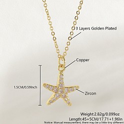 Морская звезда Ожерелья с подвесками Ocean Summer из латуни с прозрачными кубическими цирконами и паве, золотые, морская звезда, 17.72 дюйм (45 см), Кулон : 15 мм