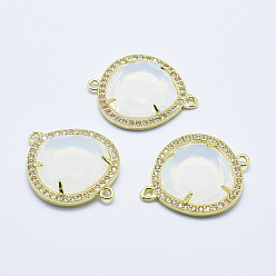 Floral White Brass Micro Pave Cubic Zirconia Links, with Glass, Faceted, teardrop, Golden, Floral White, 28x23x5mm, Hole: 1.6mm
