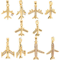 Настоящее золото 18K 10 шт 5 стили латунные подвески из микропаве с фианитом, прелести самолета, реальный 18 k позолоченный, 15~24x15.8~21x2~4 мм, отверстие : 2~5 мм, 2 шт / стиль