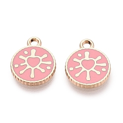 Flamingo Alloy Enamel Pendants, Rack Plating, Flat Round & Heart Charms, Golden, Flamingo, 13.5x11x1.5mm, Hole: 1.6mm