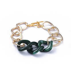 Dark Green Chain Bracelets, with Aluminum Curb Chains, Acrylic Linking Rings and Alloy Toggle Clasps, Light Gold, Dark Green, 7-5/8 inch(19.5cm)
