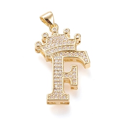 Letter F Латунные микро проложить кубического циркония подвески, долговечный, со сменными под залог, letter.f с короной, реальный 18 k позолоченный, прозрачные, буква f, F: 28x17.5x4 мм, отверстие : 3x4 мм