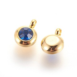 Cobalt 304 Stainless Steel Rhinestone Charms, July Birthstone Charms, Flat Round, Cobalt, 9.3x6.5x4mm, Hole: 2mm