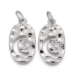 Платинированный Кулоны из чеканной латуни с прозрачным кубическим цирконием, с прыжковых колец, долговечный, овал со звездой и луной, Реальная платина, 18x10x2 мм, отверстие : 3 мм