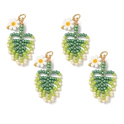 Зеленый лайм Подвески из стеклянных бусин в виде листьев, с открытыми пружинными кольцами из нержавеющей стали 304, зеленый лайм, 33x18x3 мм, отверстие : 4.5 мм