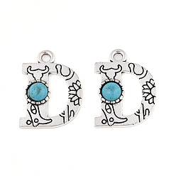 Letter D Подвески из синтетической бирюзы и сплавов, письмо амулеты, античное серебро, Буква D, 25x19x5 мм, отверстие : 3 мм