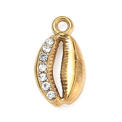 Shell Shape 304 Stainless Steel Rhinestone Pendants, Real 18K Gold Plated, Shell Shape Charms, 13.5x7x2.5mm, Hole: 1.3mm