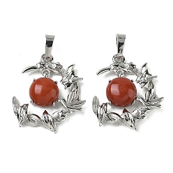 Красный Камень Природные красной яшмы подвески, латунные подвески в виде птиц и луны, платина, стойки покрытие, 27~28.5x23.5~24.5x6.5~7 мм, отверстие : 7x5 мм