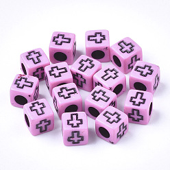 Pink Акриловые бусины, Куб с крестом, розовые, 6x6x6 мм, Отверстие : 3 мм , около 30000 шт / 5000 г
