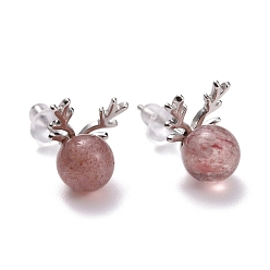 Platinum Rhodium Plated 925 Sterling Silver Antlers Stud Earrings, Strawberry Quartz Crystal Round Beads Dainty Earrings, Platinum, 12x9mm, Pin: 0.6mm